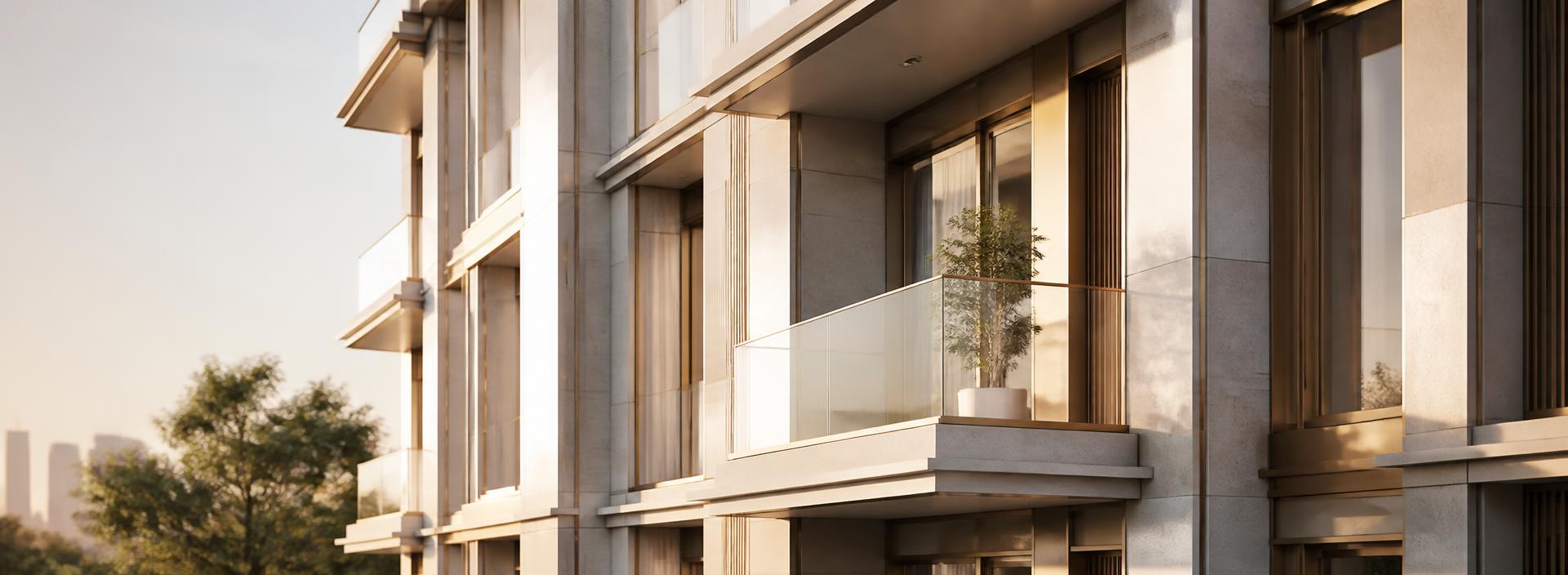 Detalhe da fachada de edifício residencial em luz suave