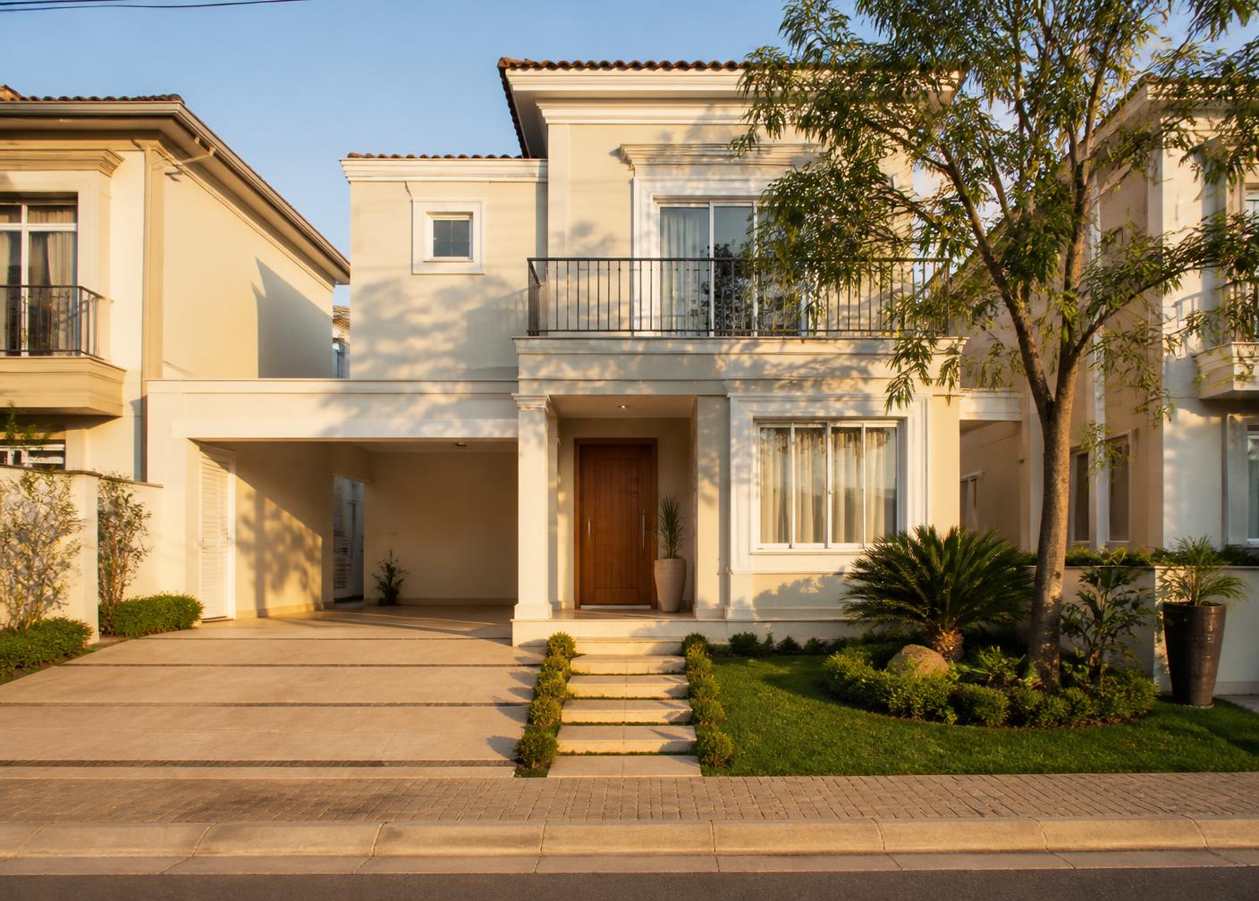 Fachada de casa em condomínio residencial de padrão médio, com iluminação natural